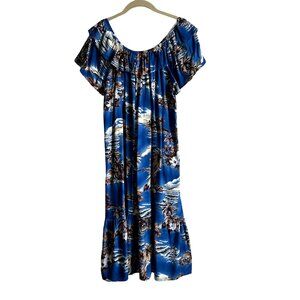 Hilo Hattie Hawaiian Dress Off Shoulder Ruffle Blue Floral Hibiscus Guitar Sz L